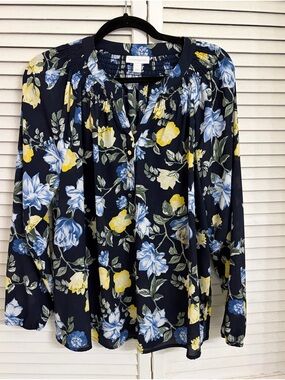 Charter Club Navy Floral Long-Sleeve Button-Pleat Blouse